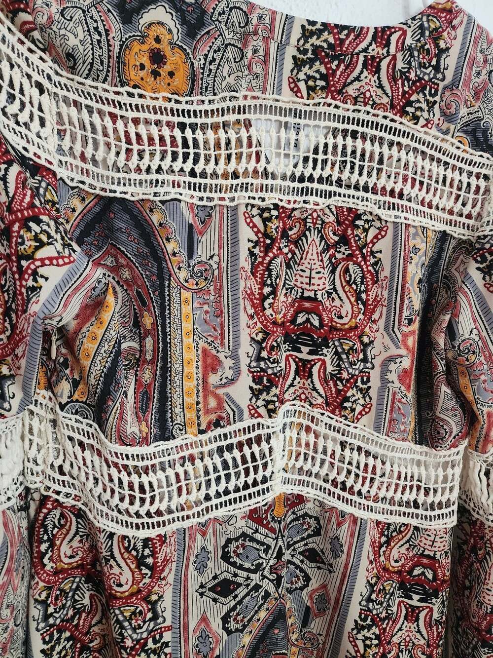 Lord&Taylor Paisley Crochet Trim Boho Chic Tunic Dress Bell Sleeves Cowgirl - Picture 4 of 8
